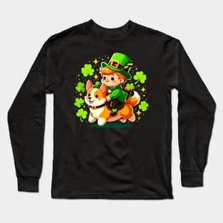 Cute Leprechaun Riding a Corgi - Saint Patrick's Day Theme Long Sleeve T-Shirt